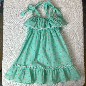 Vintage 1970s Girls 4-5 Years Teal Floral Tie Strap Dainty Sun Dress